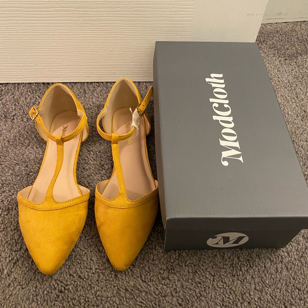 Vegan Faux Suede T-Strap Flats (Marigold)